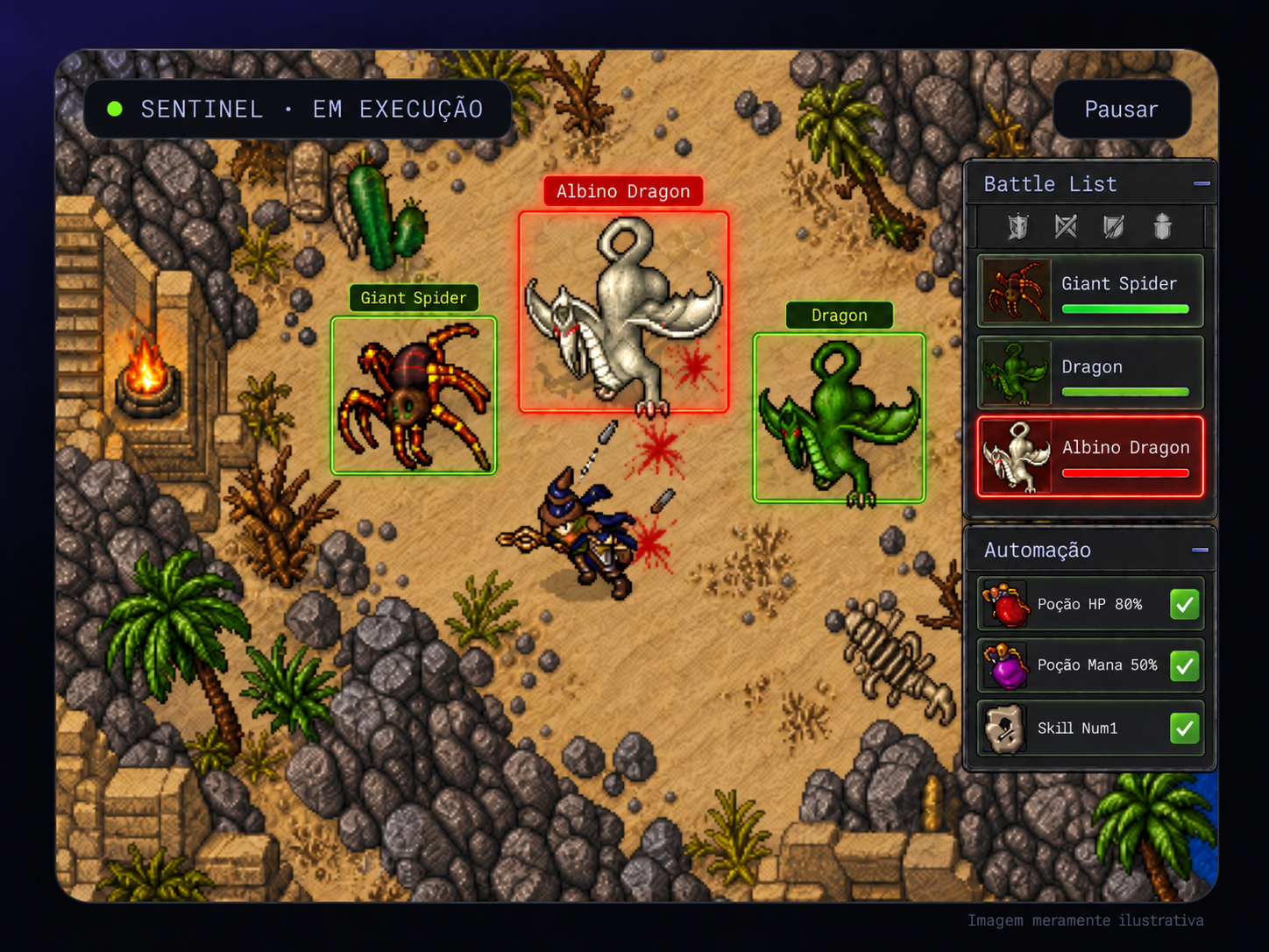 Demonstração ilustrativa do Sentinel em uma hunt de Tibia, priorizando Albino Dragon e mantendo automações ativas